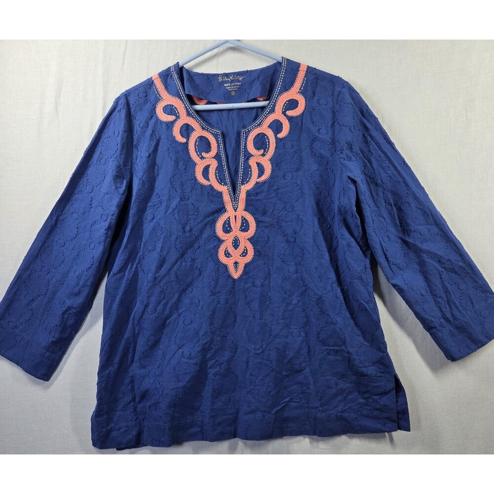 Lilly Pulitzer Shirt Womens Large Blue Embroidered Tunic Top 3/4 Sleeve Boho